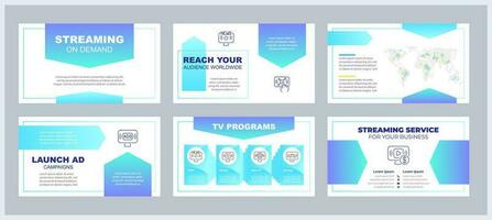 Streaming on demand presentation templates set. VOD platform. Subscription-based business model. Digital media. Ready made PPT slides on white background. Graphic design vector