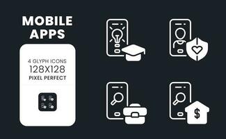 Mobile apps white solid desktop icons set. Cross platform. Online business. Smartphone software. Pixel perfect 128x128, outline 4px. Symbols for dark theme. Glyph pictograms. Vector isolated images