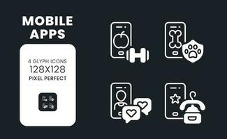 Mobile apps white solid desktop icons set. Customer engagement. Influencer marketing. Pixel perfect 128x128, outline 4px. Symbols for dark theme. Glyph pictograms. Vector isolated images