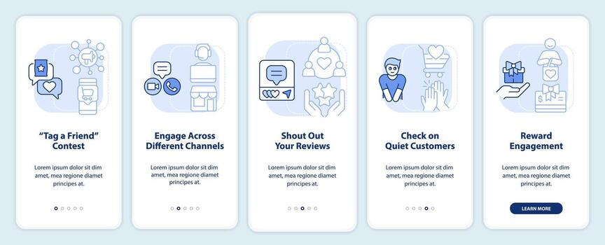 Customer engagement strategies light blue onboarding mobile app screen. Walkthrough 5 steps editable graphic instructions with linear concept. UI, UX, GUI template vector