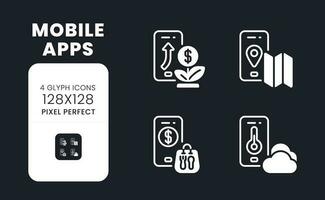 Mobile apps white solid desktop icons set. Market research. Information technology. Digital tools. Pixel perfect 128x128, outline 4px. Symbols for dark theme. Glyph pictograms. Vector isolated images