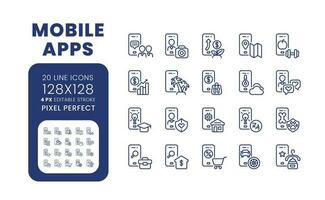 Mobile apps linear desktop icons set. Software development. Social media marketing. Pixel perfect 128x128, outline 4px. Isolated user interface elements pack for website. Editable stroke vector