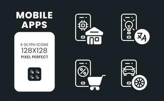 Mobile apps white solid desktop icons set. E-commerce. Digital assistants. Software development. Pixel perfect 128x128, outline 4px. Symbols for dark theme. Glyph pictograms. Vector isolated images