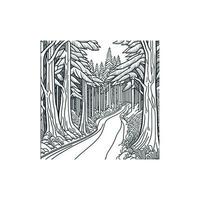 A dirt road through the forest, line art. vector