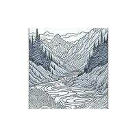 Coloring book . Lovely landscape, river and mountains. vector