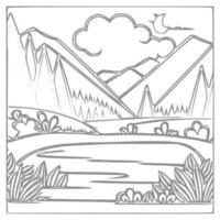 Landscape Coloring book, mountains and river. vector