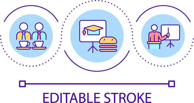 Business meeting at lunch loop concept icon. Informal atmosphere of brainstorm. Training abstract idea thin line illustration. Isolated outline drawing. Editable stroke vector