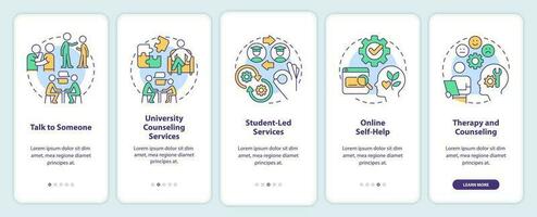 Where to get help onboarding mobile app screen. Counseling service walkthrough 5 steps editable graphic instructions with linear concepts. UI, UX, GUI template vector