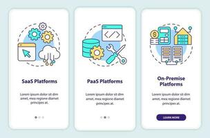 tipos de comercio electrónico plataformas inducción móvil aplicación pantalla. recorrido 3 pasos editable gráfico instrucciones con lineal conceptos. ui, ux, gui modelo vector