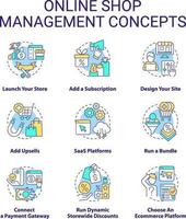 Online shop management concept icons set. Online sales. Marketing techniques. Ecommerce idea thin line color illustrations. Isolated symbols. Editable stroke vector