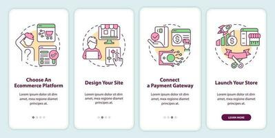 Starting online store onboarding mobile app screen. Walkthrough 4 steps editable graphic instructions with linear concepts. UI, UX, GUI template vector
