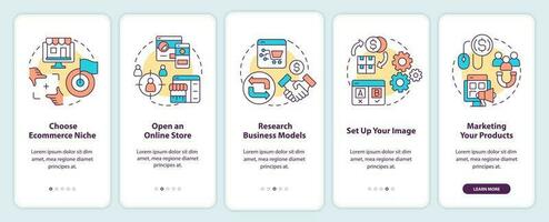 Starting ecommerce business steps onboarding mobile app screen. Walkthrough 5 steps editable graphic instructions with linear concepts. UI, UX, GUI template vector