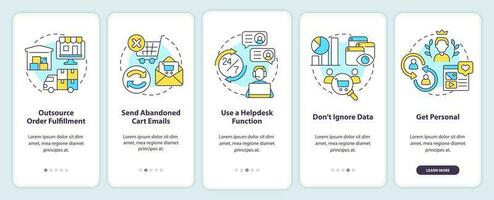 Online store management tips onboarding mobile app screen. Walkthrough 5 steps editable graphic instructions with linear concepts. UI, UX, GUI template vector