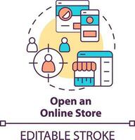 Open online store concept icon. Customer experience. Starting ecommerce business step abstract idea thin line illustration. Isolated outline drawing. Editable stroke vector