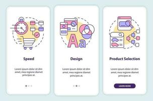 Customer requirements from ecommerce onboarding mobile app screen. Walkthrough 3 steps editable graphic instructions with linear concepts. UI, UX, GUI template vector