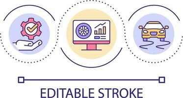 Wheel quality studying loop concept icon. Computer test of car safety. Modern vehicle abstract idea thin line illustration. Isolated outline drawing. Editable stroke vector