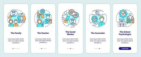 Who should participate onboarding mobile app screen. Family, teacher walkthrough 5 steps editable graphic instructions with linear concepts. UI, UX, GUI template vector