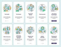 Help students with mental health onboarding mobile app screen set. Walkthrough 5 steps editable graphic instructions with linear concepts. UI, UX, GUI template vector