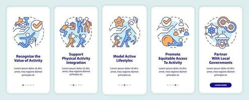 Activities for student mental health onboarding mobile app screen. Walkthrough 5 steps editable graphic instructions with linear concepts. UI, UX, GUI template vector
