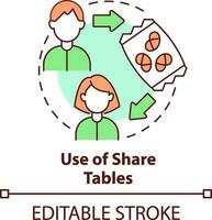 Use of share tables concept icon. School lunch program importance abstract idea thin line illustration. Reduce food waste. Isolated outline drawing. Editable stroke vector