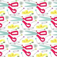 A pattern of colored pink sewing scissors, measuring tape, needles, pins. Scissors model, sewing kit. Vector illustration. Printing on textiles and paper, seamless on a white background