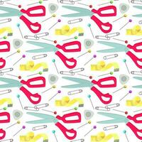 A pattern of colored pink sewing scissors, measuring tape, needles, pins. Scissors model, sewing kit. Vector illustration. Printing on textiles and paper, seamless on a white background