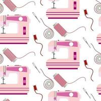 Seamless pattern, hand-drawn with sewing tools. A spool of thread, a bobbin, colored threads and a sewing machine, all on a white background. Printing on paper and textiles vector