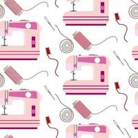 Seamless pattern, hand-drawn with sewing tools. A spool of thread, a bobbin, colored threads and a sewing machine, all on a white background. Printing on paper and textiles vector