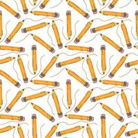 A pattern of yellow pencils scattered on a white background. Straight short yellow pencil. Return to school, the concept of teacher's day. Hand-drawn vector illustration. Square seamless pattern