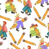 A pattern of different young people holding large pencils with a seamless pattern. Happy young students write, draw. The concept of education. Knowledge Day, September. Back to school. Vector