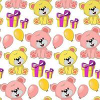 Seamless pattern with yellow and pink bears of different sizes. Cartoon cute bears with gifts and balloons. Printing on textiles and paper. Gift wrapping for the holiday vector