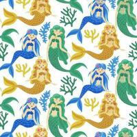 Seamless children's pattern with cute colored mermaids and sea elements. Yellow, green, and blue are the primary colors. Colored corals. Cartoon background. Ideal for fabrics, textiles, packaging vector