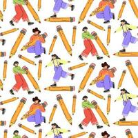 A pattern of different young people holding large pencils with a seamless pattern. Happy young students write, draw. The concept of education. Knowledge Day, September. Back to school. Vector