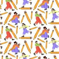 A pattern of different young people holding large pencils with a seamless pattern. Happy young students write, draw. The concept of education. Knowledge Day, September. Back to school. Vector
