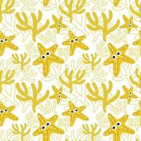 Seamless vector pattern with cute eyed starfish and yellow corals. Children's marine illustration. Summer hand-drawn background for packaging, wrapping paper, banner, print, postcard, gift, fabric