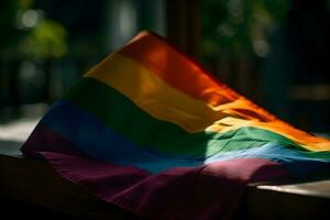 A rainbow colored flag on a table in a dark room photo