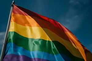 A rainbow flag waving in the wind photo