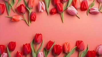 A bouquet of pink tulips on pink background with copy space photo