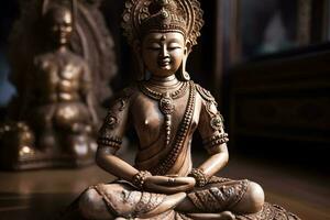 A golden statue of a buddha in temple photo