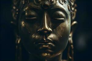 Close up of a golden statue of a buddha in temple photo