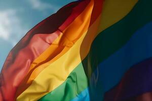 A rainbow flag waving in the wind photo