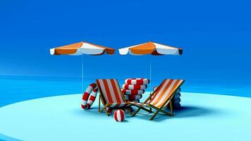 playa paraguas con sillas y playa accesorios en un brillante azul antecedentes. foto