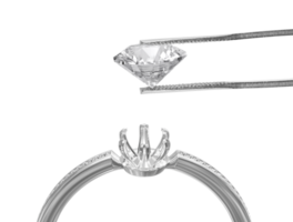 White gold or silver ring without gemstone and Excellent cut diamonds held by tweezers, transparent background png