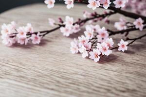 A serene and calming scene of cherry blossoms arranged on a white wood table perfect for adding copy text or as a minimalist decor piece. . photo