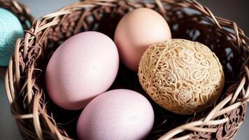 Pascua de Resurrección huevos en un cesta. ai generado. foto