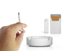 A cigarette in a hand, Cigarette pack, ashtray, and lighters on a transparent background png