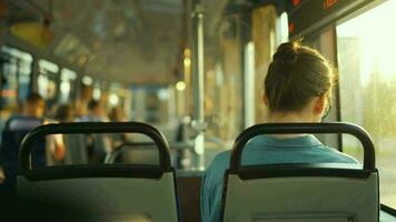 Woman in tram using smartphone chatting and texting with friends, back view video