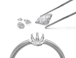 White gold or silver ring without gemstone and Excellent cut diamonds held by tweezers, transparent background png