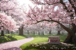 This stunning 3D render showcases a beautiful Spring Cherry Blossom Product Display Podium with an empty scene and a Sakura branch perfect for showcasing natural products. . photo