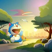 Blue Robot Cat Playing Paper Plane in Beautiful Sunset vector